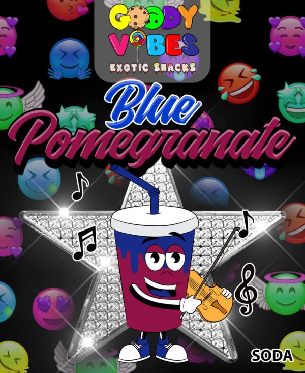 A blue pomegranate drink with musical notes and stars.