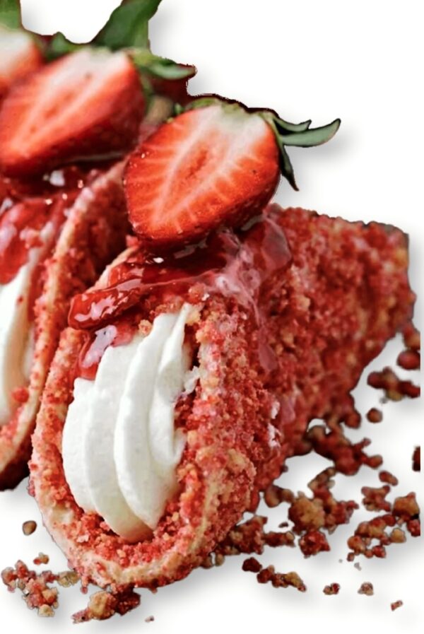 A close up of some strawberries and cream