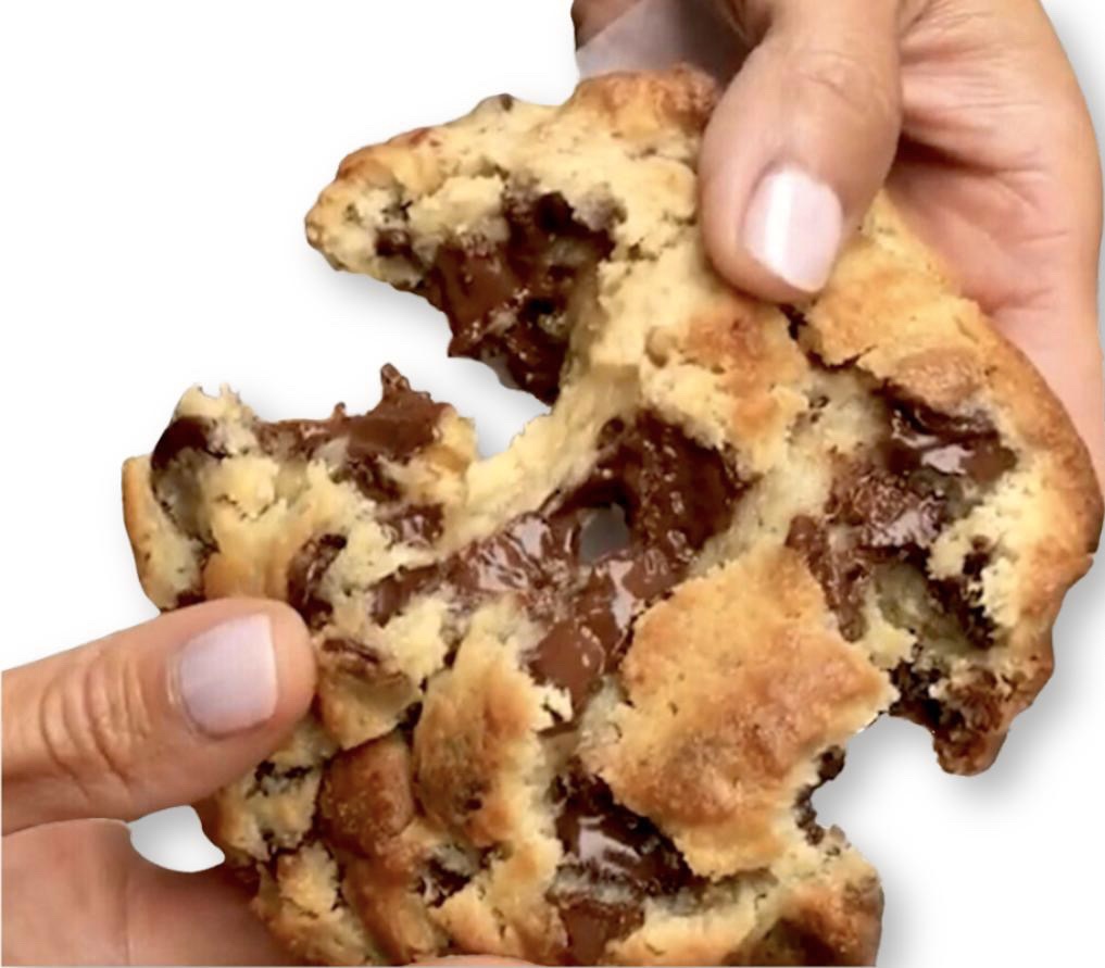 A person holding onto a chocolate chip cookie