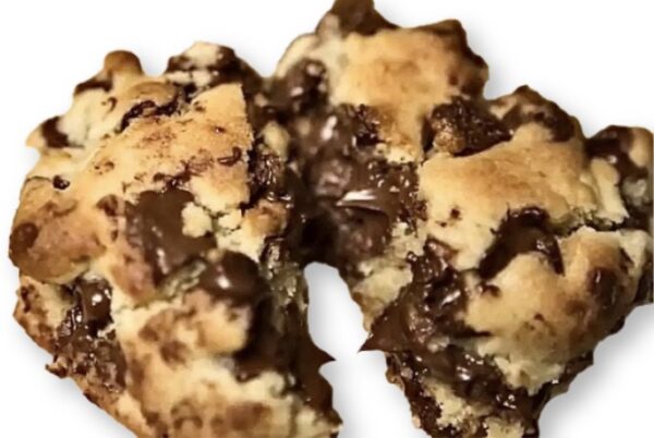 A close up of two pieces of chocolate chip cookies