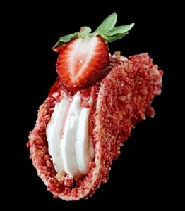 A strawberry and cream dessert is shown in this picture.