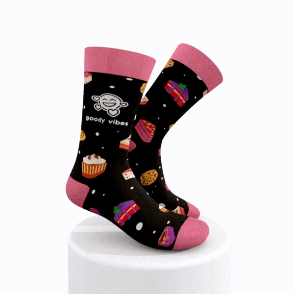 A pair of socks with different designs on them.