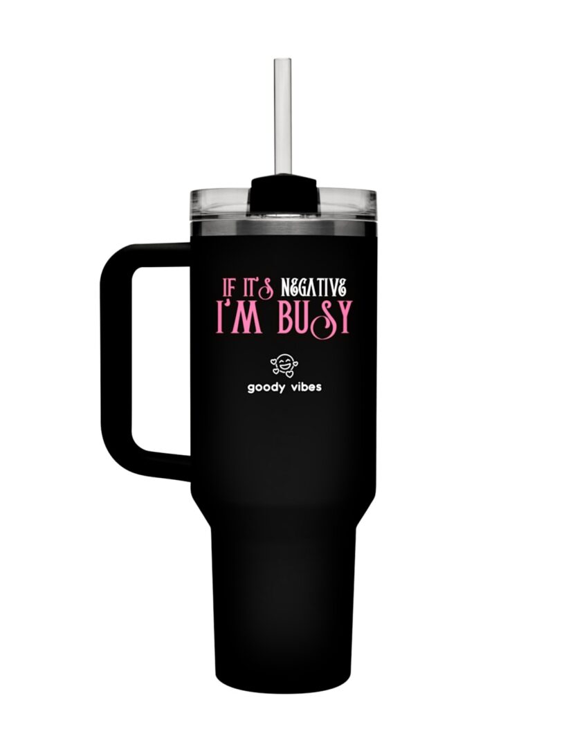 A black travel mug with the words " i 'm busy ".